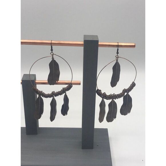 Boho Tribal copper feather hoop dangle French hook statement earrings. - Picture 2 of 7
